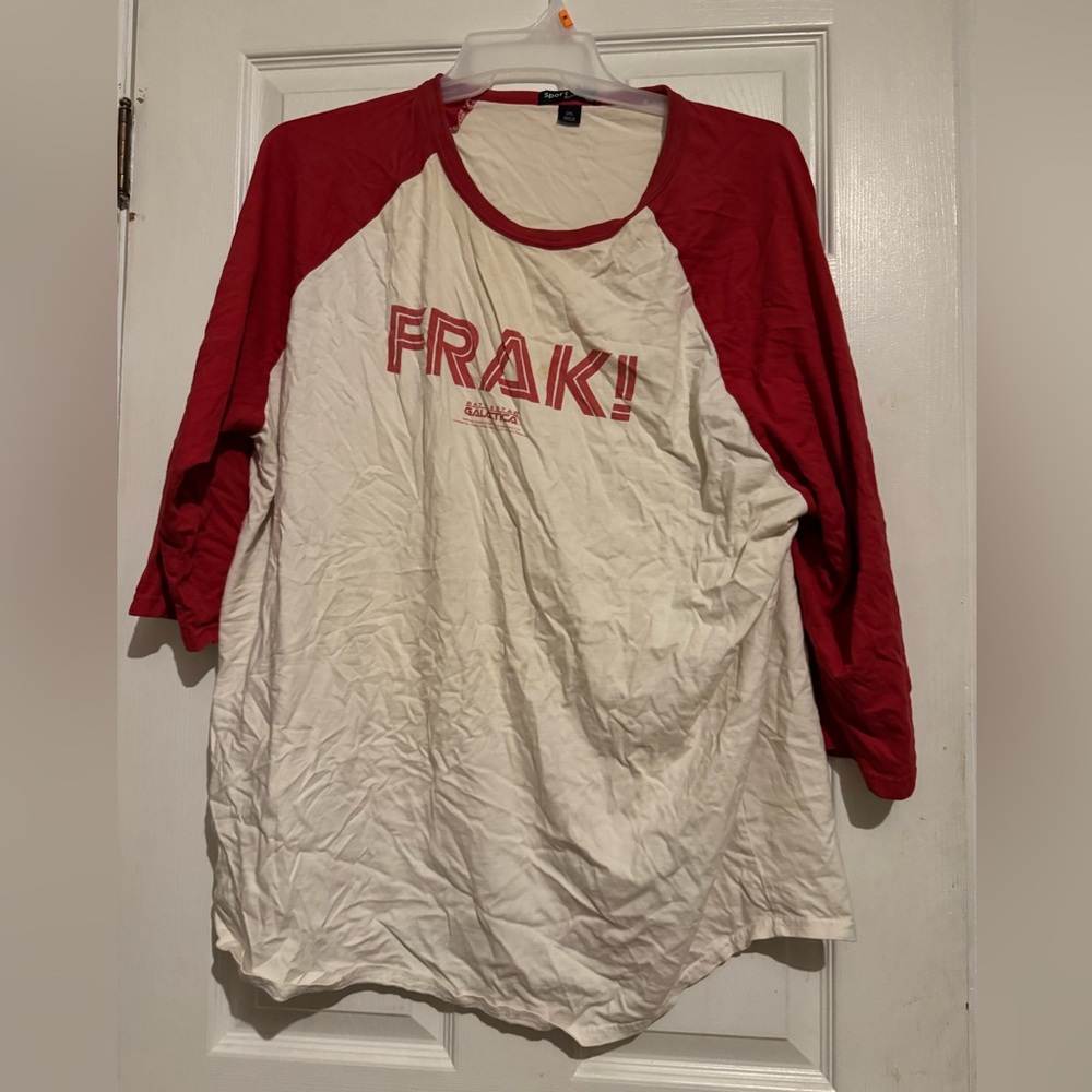 Red and White Raglan Shirt with Graphic Print